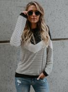 Oasap Round Neck Long Sleeve Striped Tee