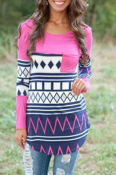 Oasap Color Block Geometric Zigzag Print Round Neck Tee