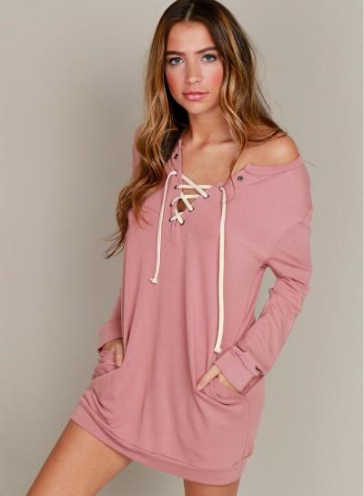 Oasap V Neck Long Sleeve Lace Up Mini Dress