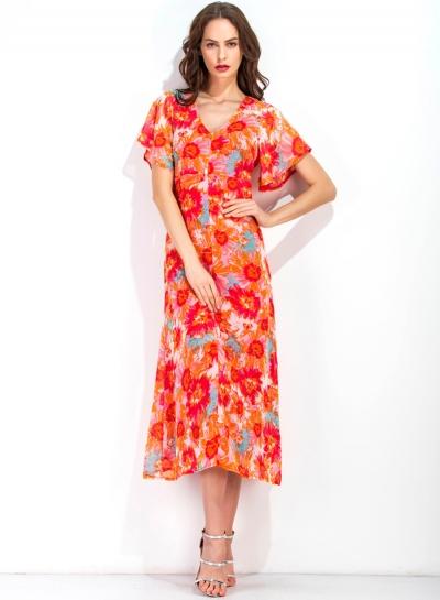 Oasap V Neck Floral Print Backless Boho Short Sleeve Dress