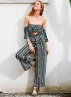 Oasap Stripe Short Sleeve Stripe Wide Leg Jumpsuit