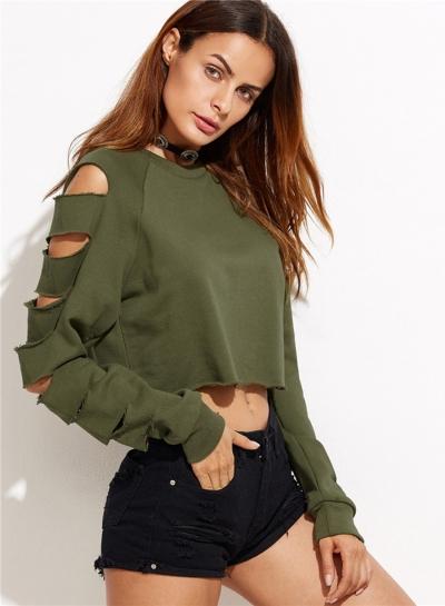 Oasap Round Neck Broken Hole Solid Color Sweatshirts