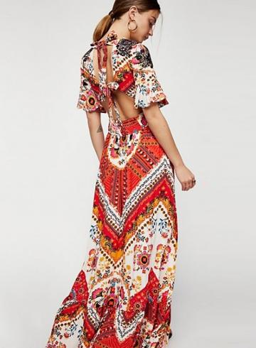 Oasap Fashion Floral Printed Short Sleeve V Neck Lace-up Backless Maxi Dress