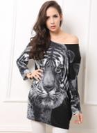 Oasap One Shoulder Tiger Printed Blouses
