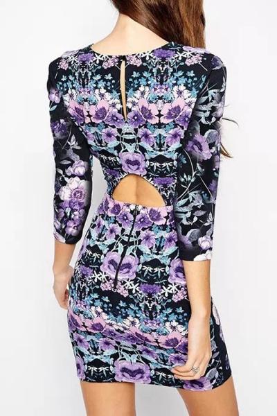 Oasap Vintage Floral Print Cut-out Back Bodycon Dress