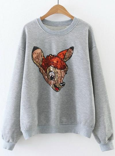 Oasap Cartoon Christmas Deer Sequins Loose Fit Sweatshirt