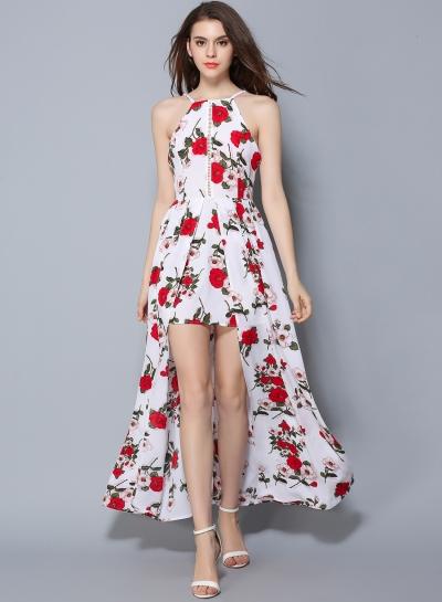 Oasap Spaghetti Strap Floral Print Hollow Out Maxi Dress