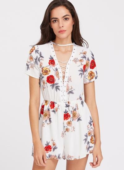 Oasap Floral Print Lace Up Front Short Sleeve Romper