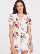 Oasap Floral Print Lace Up Front Short Sleeve Romper