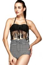 Oasap Halter Bikini Tassel Top Graphic Houndstooth Print Swimwear