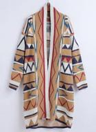 Oasap Long Sleeve Geo Print Open Front Cardigan