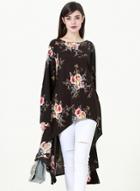 Oasap Round Neck Long Sleeve Floral Printed Asymmetric Design Dress