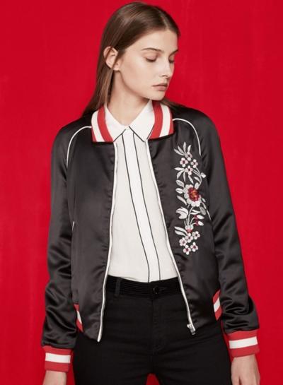 Oasap Women Contrast Trim Embroidered Satin Bomber Jacket