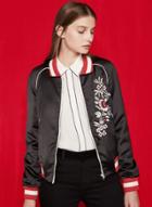 Oasap Women Contrast Trim Embroidered Satin Bomber Jacket