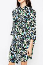 Oasap Abstract Print Stand Collar Three Quarter Sleeve Dress