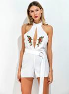 Oasap Halter Cut Out Floral Embroidery Romper With Belt