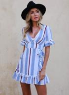Oasap V Neck Short Sleeve Striped Printed Dress
