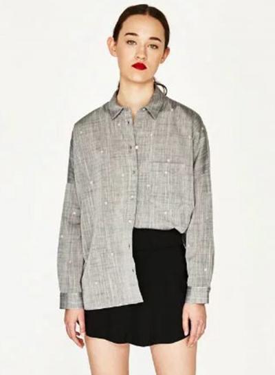 Oasap Star Print Basic Collar Long Sleeve High-low Blouse