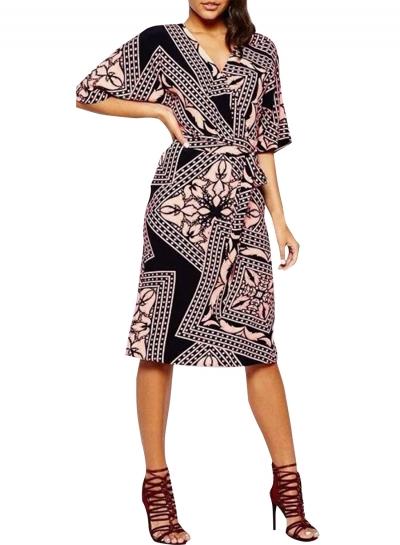 Oasap Women's V Neck Half Sleeve Tie Waist Vintage Print Dress