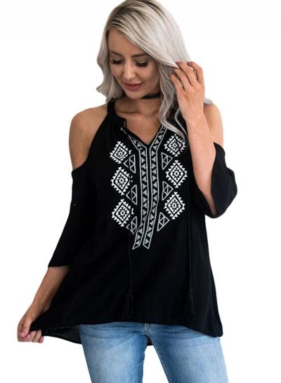 Oasap V Neck Off Shoulder Three Quarter Length Sleeve Blouse