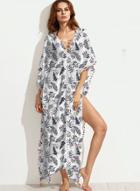 Oasap V Neck Leaves Printed Lace Up Slit Maxi Dress