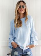 Oasap Solid Long Ruffle Sleeve Pullover Blouse