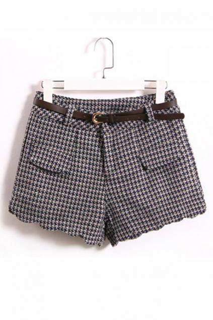 Oasap Worsted High Waistline Shorts With Cross Plaids