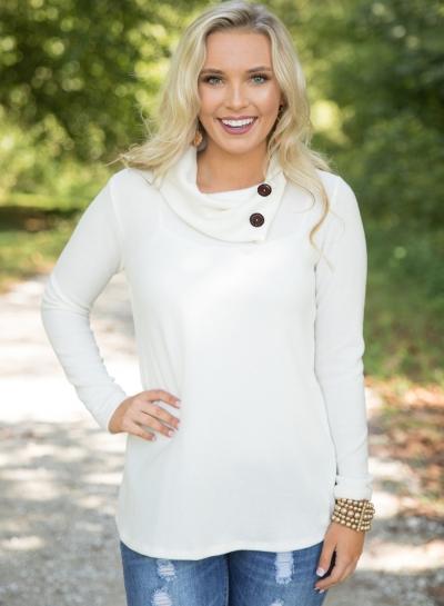 Oasap High Neck Long Sleeve Button Detail Side Slit Sweater