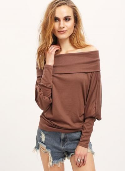 Oasap Off Shoulder Long Sleeve Solid Loose Fit Tee