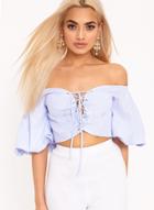 Oasap Stripe Off Shoulder Flare Sleeve Lace Up Cropped Blouse