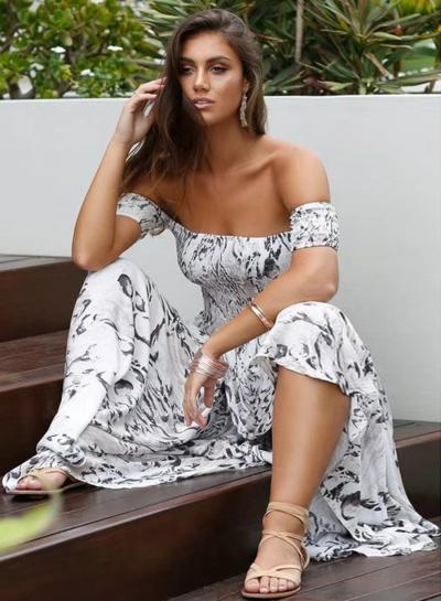 Oasap Slash Neck Print Maxi Dress