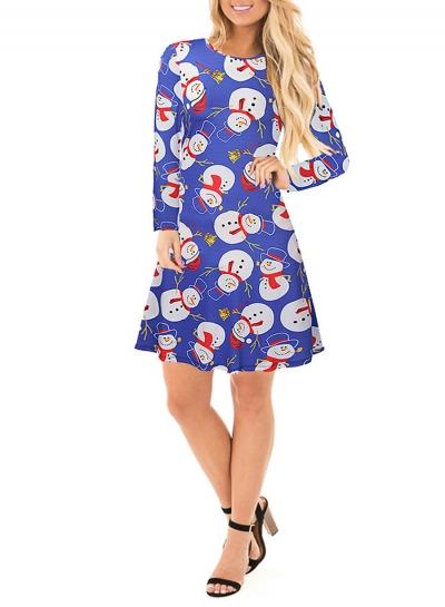 Oasap Round Neck Long Sleeve Christmas Snowman Printed Midi Dress