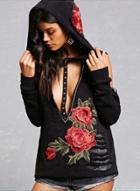 Oasap Deep V Off Shoulder Floral Embroidery Hollow Out Hoodie