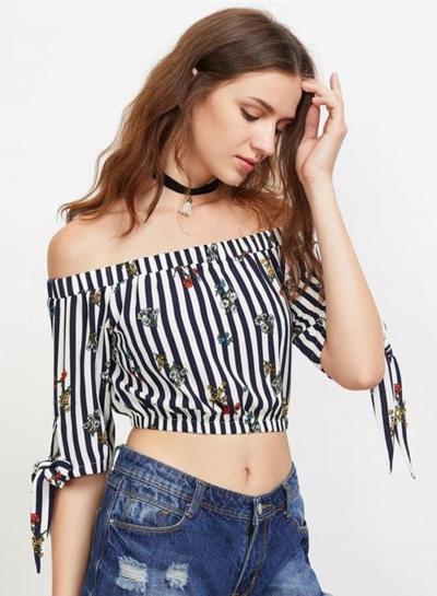 Oasap Striped Off Shoulder Floral Print Bow Tie Cuff Blouse