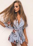 Oasap Floral Printed Short Sleeve Deep V Neck Romper With Belt