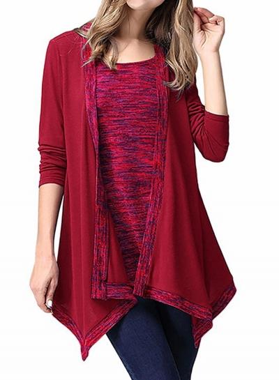 Oasap Round Neck Long Sleeve Fake Two Piece Irregular Tee Shirt
