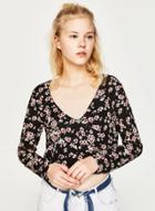 Oasap V Neck Long Sleeve Floral Printed Cropped Blouse