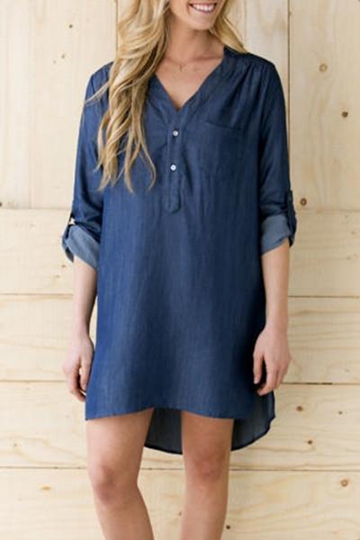 Oasap Chic V Neck Button Decoration Denim Dress