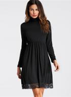 Oasap High Neck Long Sleeve Solid Color Lace Splicing Dress