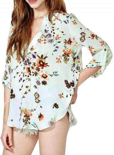 Oasap Women Fashion V Neck Floral Print Pullover Spring Blouse
