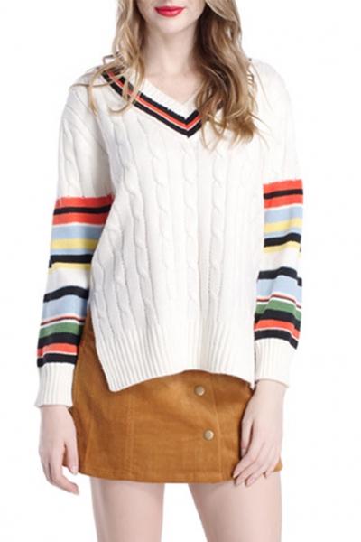 Oasap Chic Color Block Stripe Slit Sweater