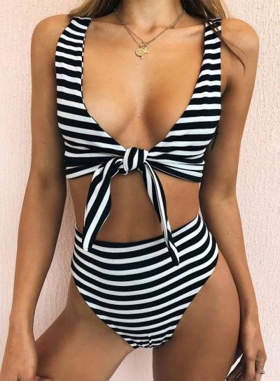 Oasap Deep V Neck Striped Two Pieces Swimwear