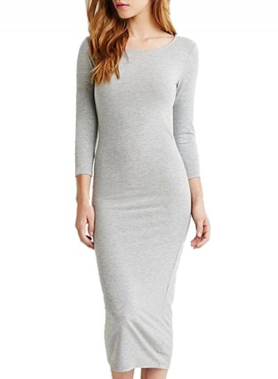 Oasap Women's Simple 3/4 Sleeve Bodycon Midi Dress