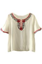 Oasap Floral Embroidery Print Cut-out Neck Short Sleeve Blouse