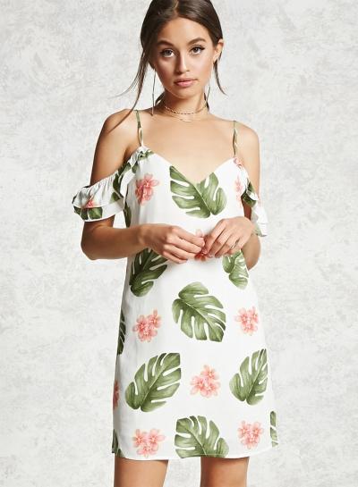 Oasap Spaghetti Strap Off Shoulder Short Sleeve Leaf Printed Dress