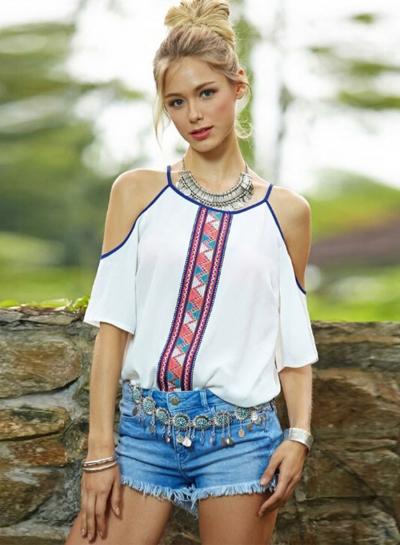 Oasap Fashion Off Shoulder Short Sleeve Chiffon Blouse
