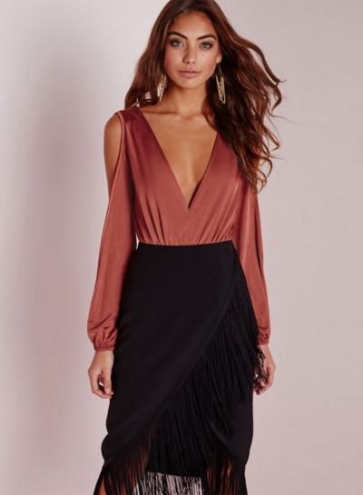 Oasap Fashion Deep V Neck Off Shoulder Long Sleeve Bodysuit