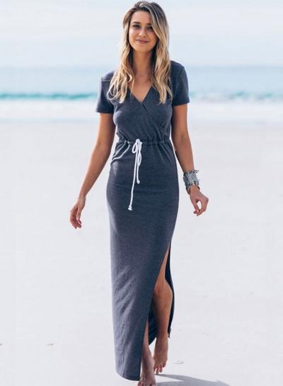 Oasap V Neck Short Sleeve Drawstring Waist Split Maxi Dress