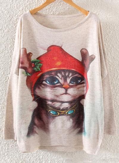 Oasap Casual Batwing Sleeve Printed Pullover Sweater
