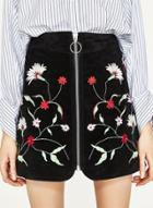 Oasap Fashion Floral Embroidered Front Zip Velvet Skirt